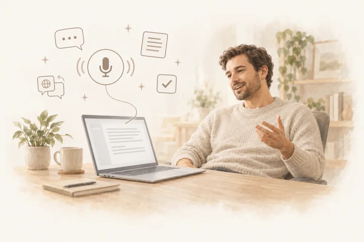 Man talking at his desk while TranscribeNext types his words on a Windows laptop