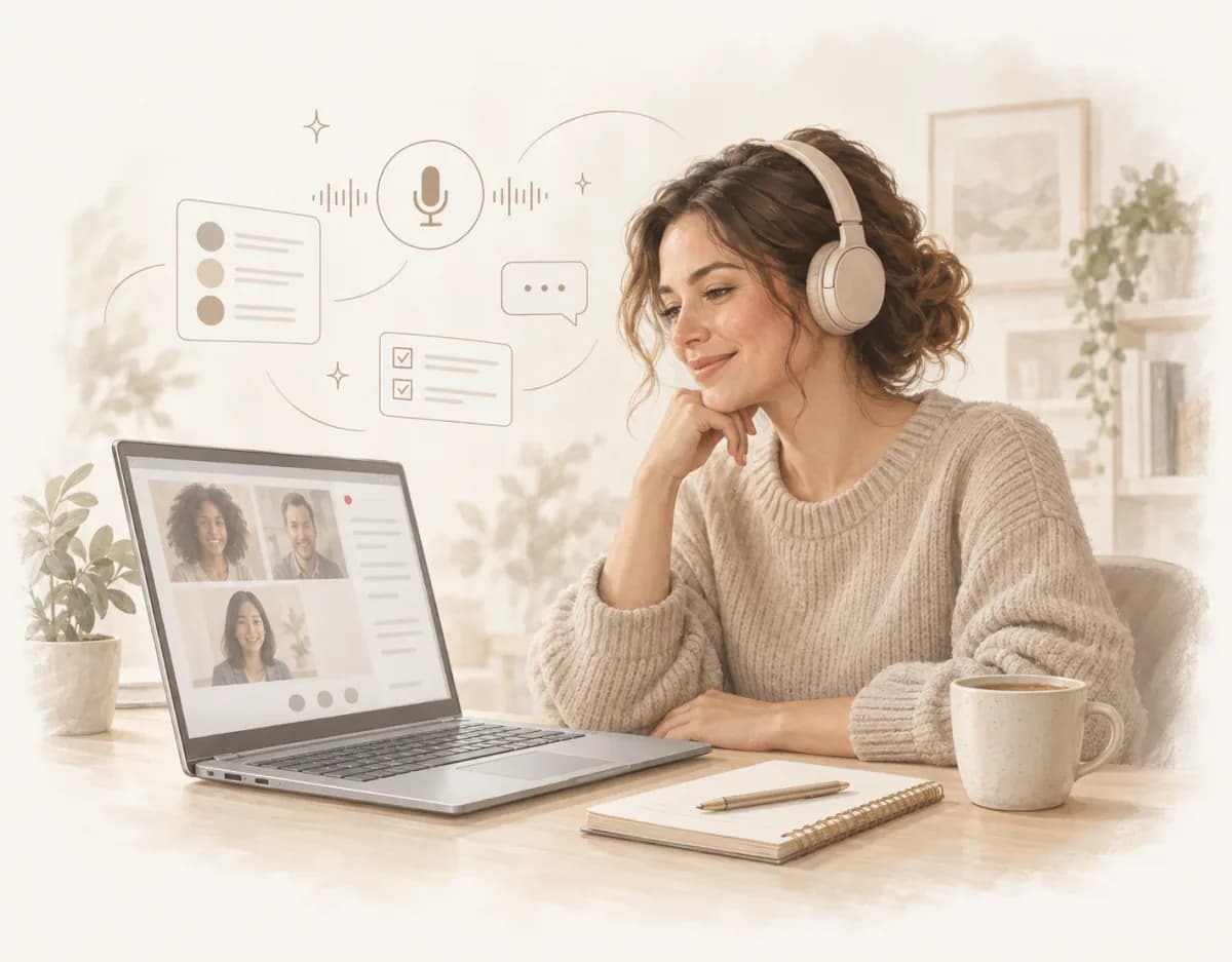 Remote worker on a video call while TranscribeNext records and transcribes it on a Windows laptop