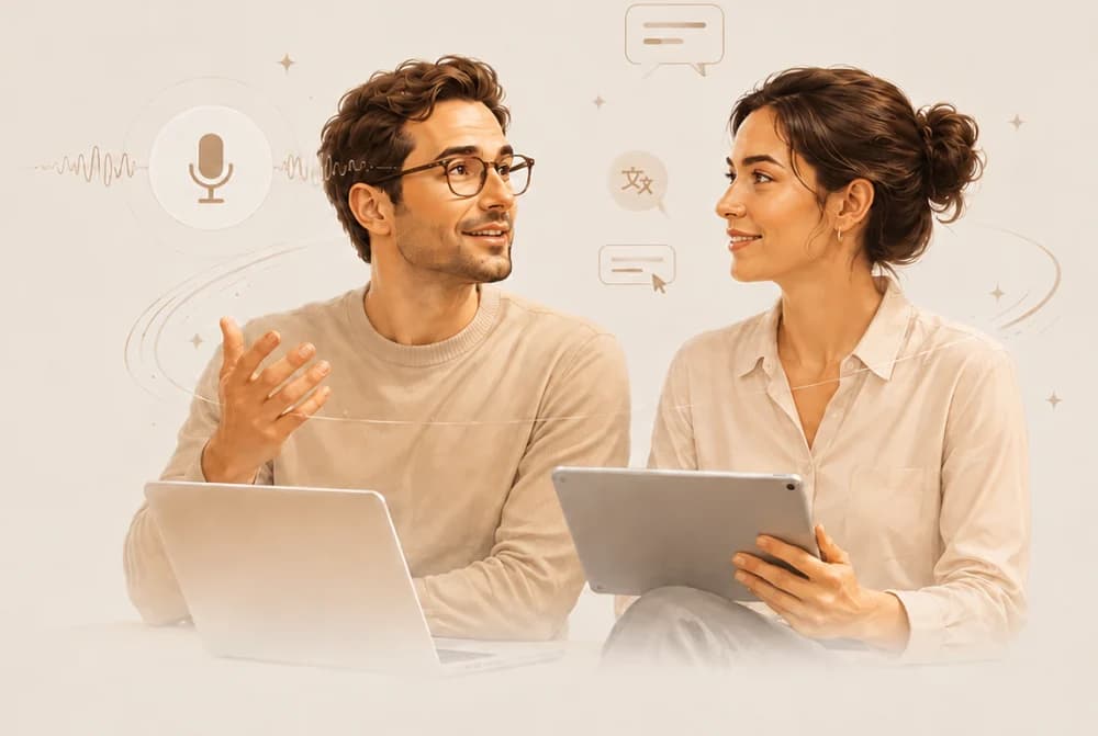 Two colleagues talking while a Mac writes it down