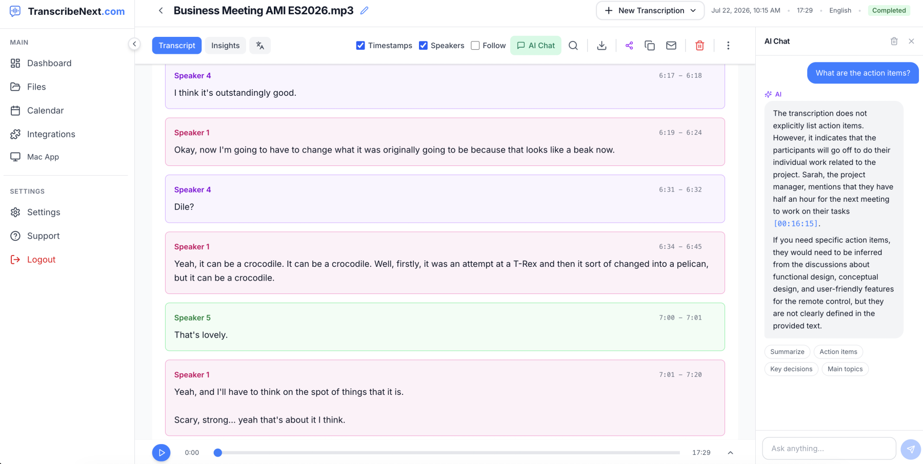 TranscribeNext transcript with colour-coded speakers and an AI chat panel answering a question about the meeting action items