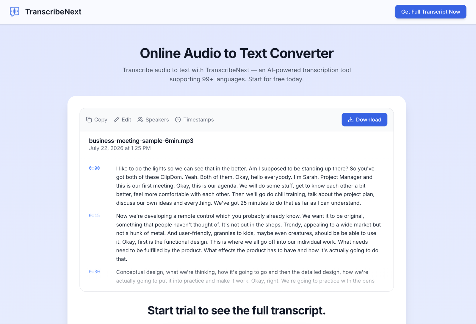 TranscribeNext online audio-to-text converter showing a business meeting transcript with timestamps and edit, speaker and download controls
