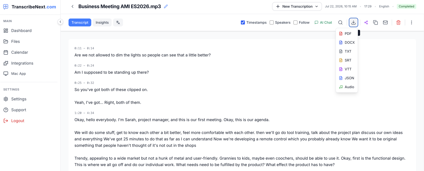 TranscribeNext download menu listing PDF, DOCX, TXT, SRT, VTT, JSON and audio export formats