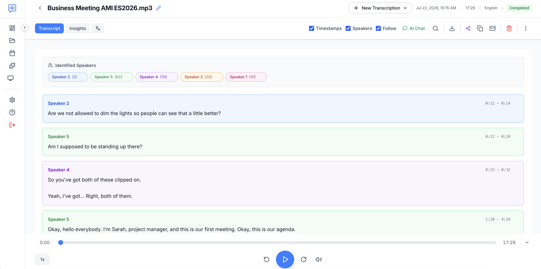 TranscribeNext transcript separated into colour-coded speakers with an Identified Speakers panel listing each speaker