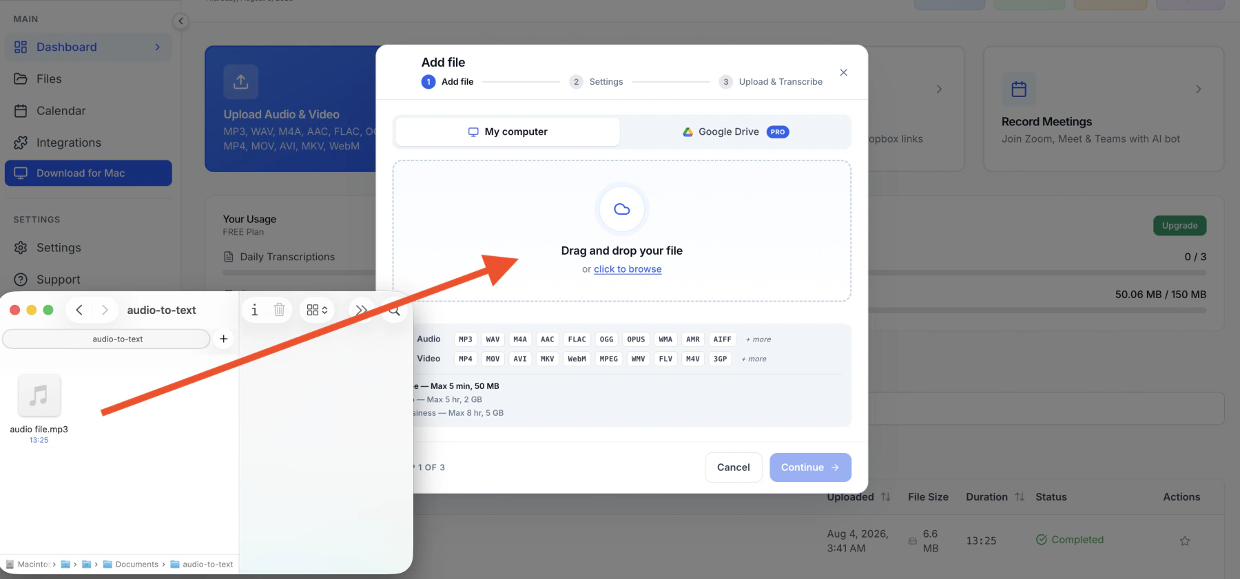 Add file dialog in TranscribeNext showing supported audio and video formats — MP3, WAV, M4A, AAC, FLAC, OGG, OPUS, WMA, AMR, AIFF, MP4, MOV, AVI, MKV, WebM — with upload limits per plan