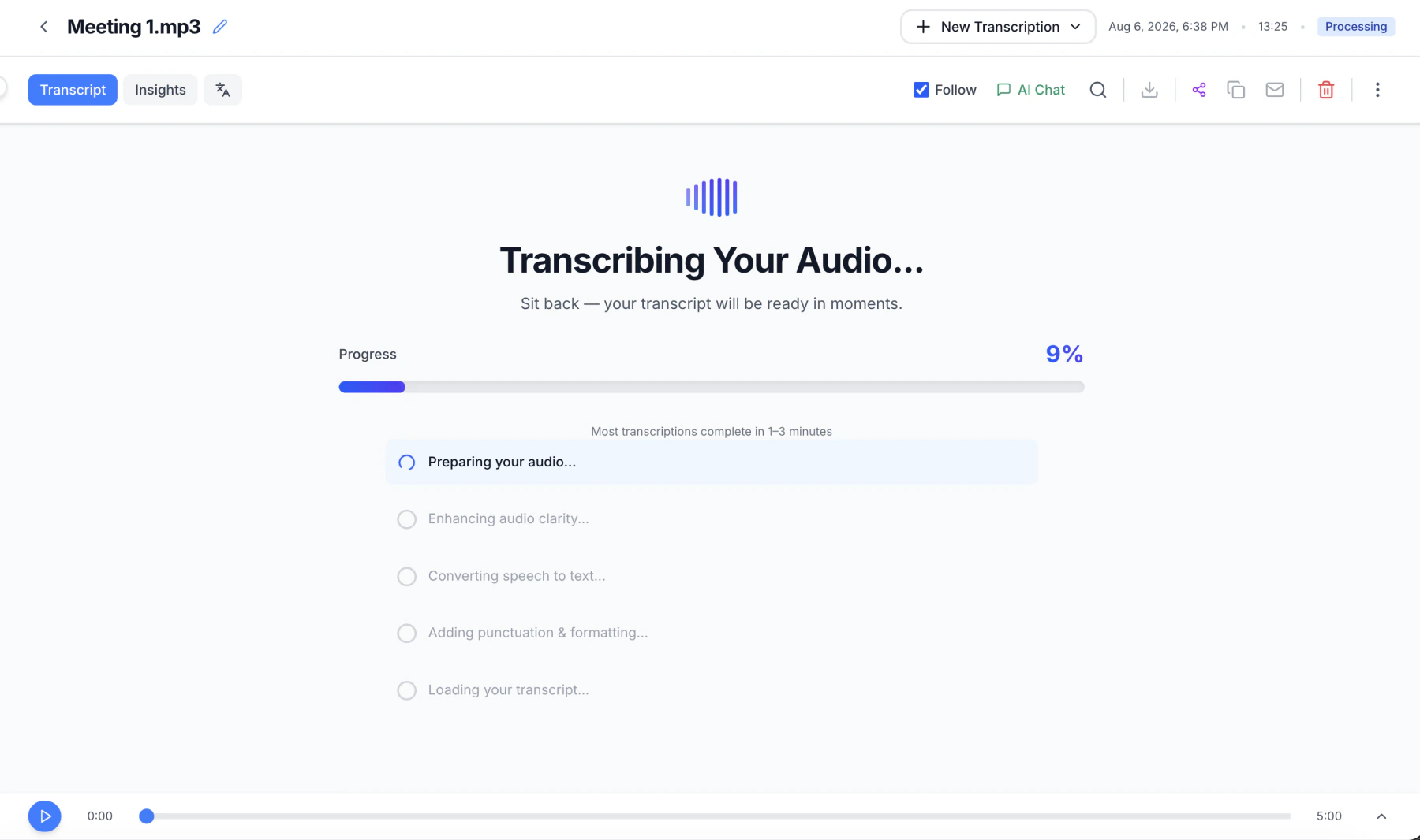 TranscribeNext transcribing a 5-minute MP3, showing the five processing stages from preparing audio to loading the transcript