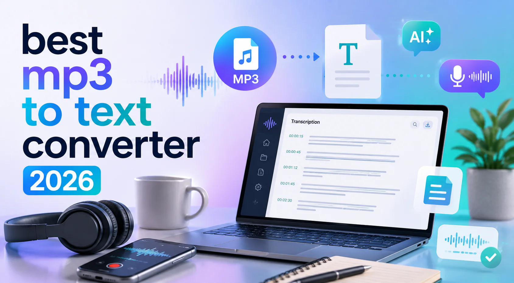 Illustration of MP3 to text conversion: an audio file turning into a timestamped transcript on a laptop screen, with headphones, a recording phone and a notepad on the desk