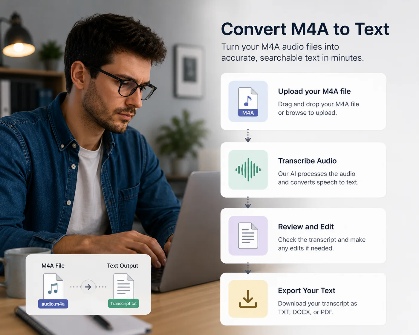 Cómo convertir M4A a texto: sube tu archivo M4A, la IA transcribe el audio, revisa y edita la transcripción, exporta como TXT, DOCX o PDF