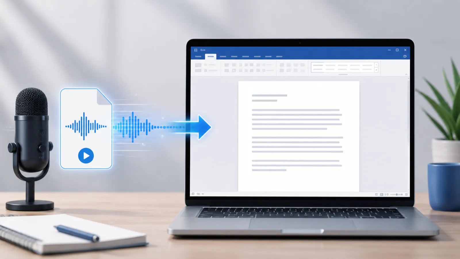 Any audio recording becomes an editable Microsoft Word document: a microphone and an audio file on the left, the finished transcript open in Word on a laptop on the right