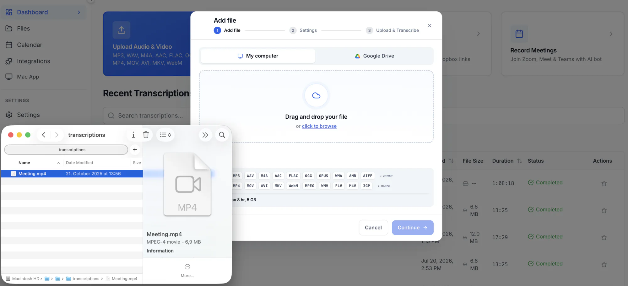 Envoi d’un MP4 pour transcription : la fenêtre de glisser-déposer, les formats acceptés — MP3, WAV, M4A, MP4, MOV, AVI, MKV et WebM — et la limite de 8 heures et 5 Go par fichier
