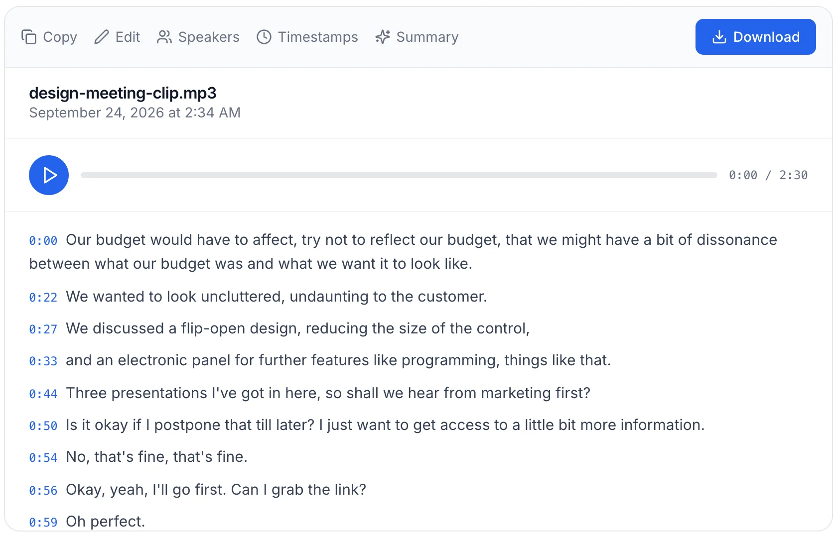 A timestamped transcript in TranscribeNext: each line of a design meeting starts with its time — 0:00, 0:22, 0:27, 0:33 — above an audio player showing 0:00 of 2:30.